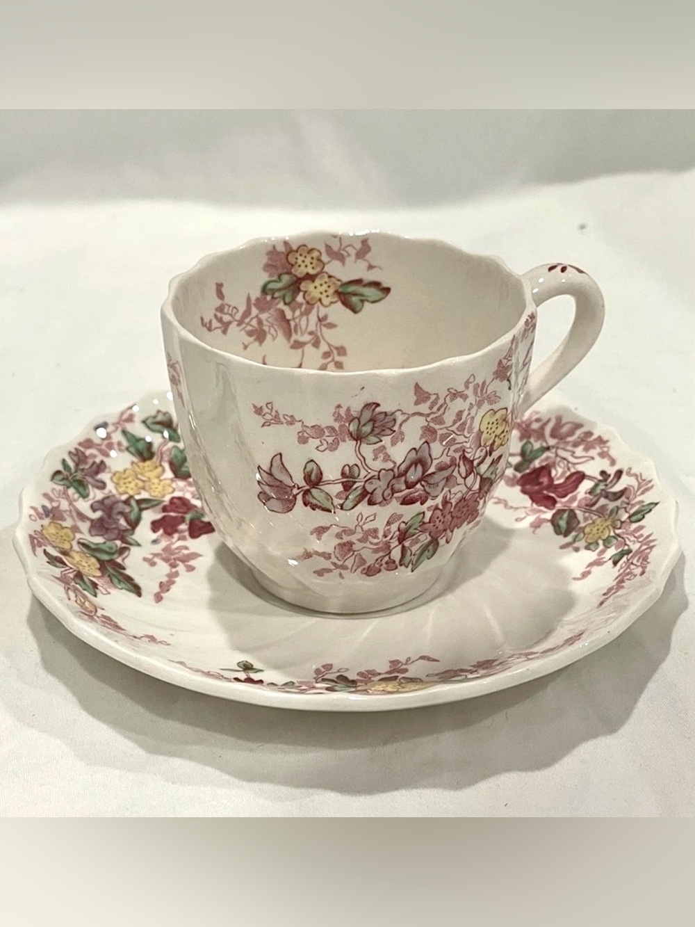(2) Spode “Fairy Dell” Cream and Pink Demitasse Teacup & Saucer Sets | Whimsical
